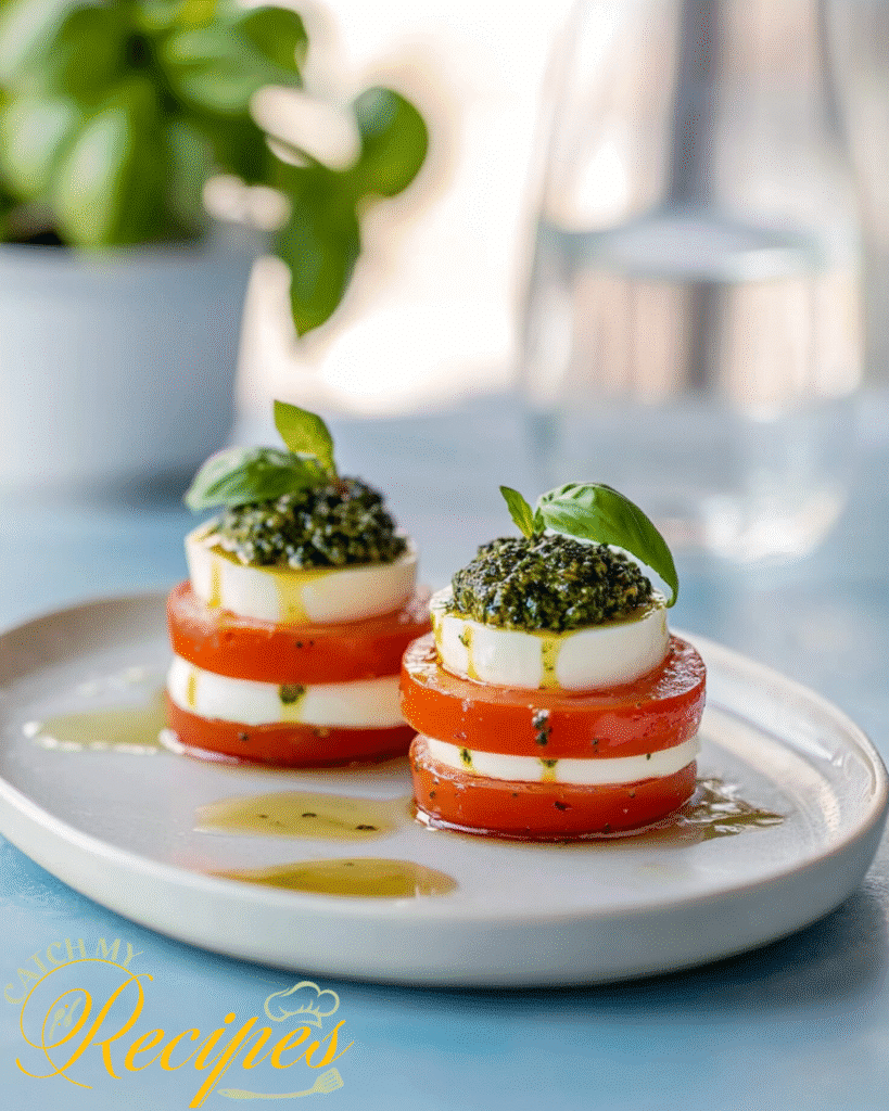 10 Easy Recipes to Make During a Power Outage (No Cooking Needed) 9 Stacked tomato and mozzarella slices topped with pesto and basil leaves on a white plate