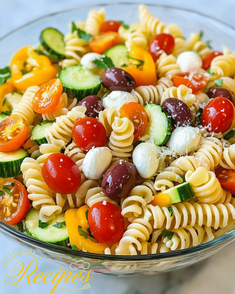 10 Easy Recipes to Make During a Power Outage (No Cooking Needed) 6 Colorful pasta salad with rotini, cherry tomatoes, cucumbers, olives, mozzarella balls, and bell peppers in a glass bowl