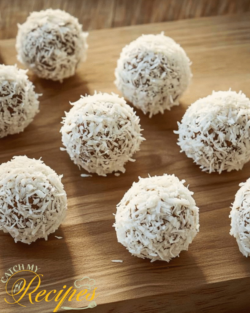10 Easy Recipes to Make During a Power Outage (No Cooking Needed) 10 Coconut-covered energy balls arranged on a wooden surface