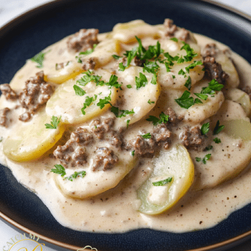 Beef Stroganoff With Potatoes Recipe | 30-Minute Dinner 9 Creamy ground beef and potato casserole topped with fresh parsley on a black plate