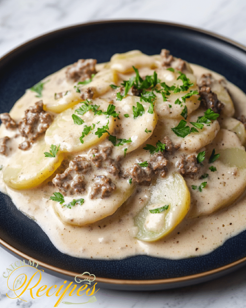 Beef Stroganoff With Potatoes Recipe | 30-Minute Dinner 2 Creamy ground beef and potato casserole topped with fresh parsley on a black plate