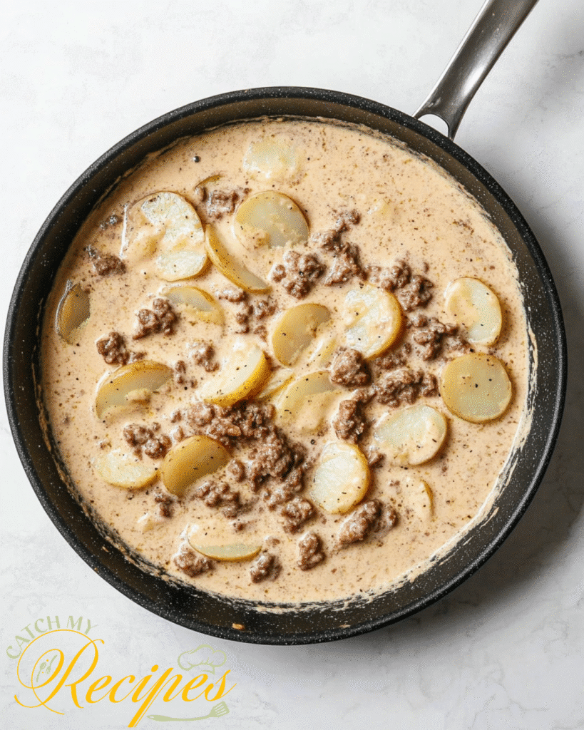 Beef Stroganoff With Potatoes Recipe | 30-Minute Dinner 7 Creamy potato and ground beef mixture simmering in a pan, with visible seasonings