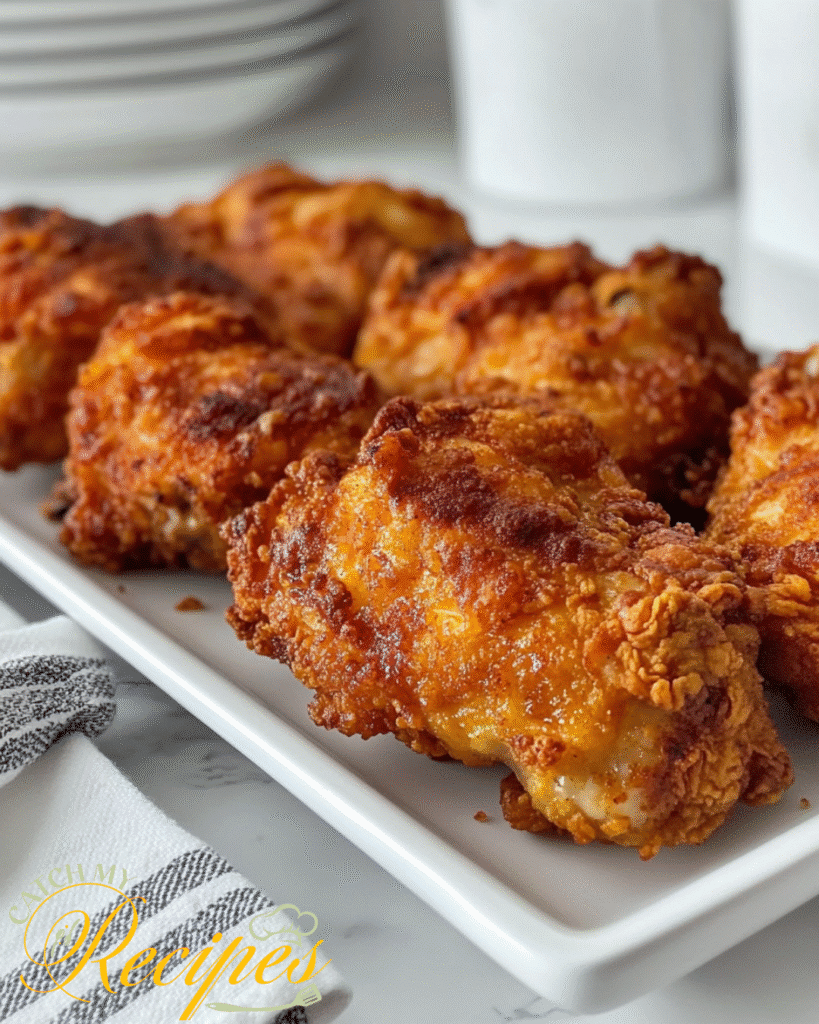 Buttermilk Chicken Thighs Recipe: Crispy Fried Option 2 Crispy golden fried chicken thighs served on a white rectangular plate.