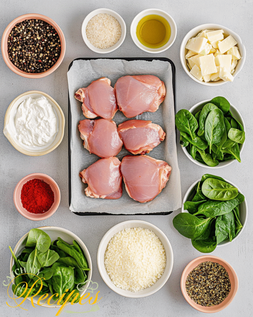 Stuffed Chicken Thighs Recipe with Incredible Flavor 3 Flat lay of raw ingredients for stuffed chicken thighs recipe.