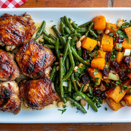 Low Sodium Chicken Thigh Recipe: Healthy & Flavorful 5 Close-up of a low sodium chicken thigh recipe with glazed chicken thighs, green beans, and roasted butternut squash with cranberries on a white rectangular plate.