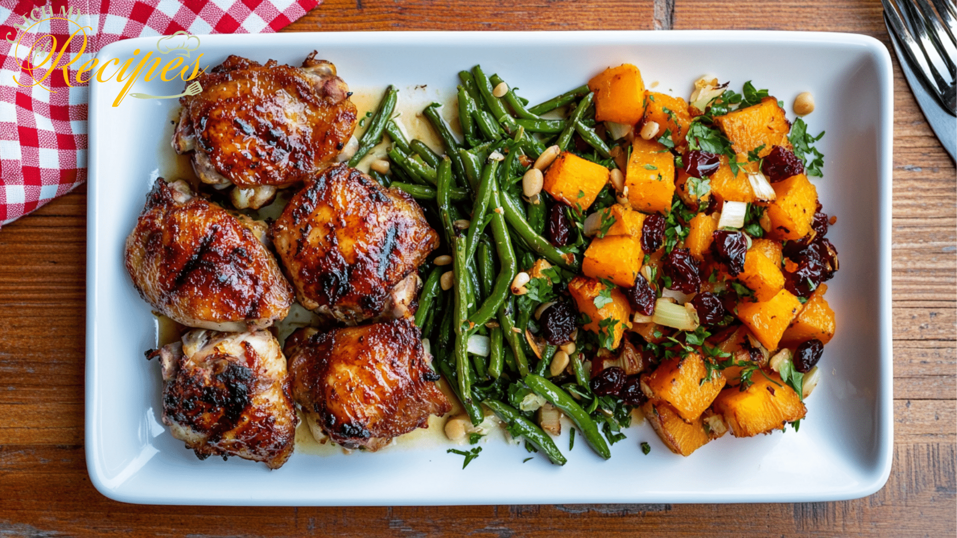 Close-up of a low sodium chicken thigh recipe with glazed chicken thighs, green beans, and roasted butternut squash with cranberries on a white rectangular plate.