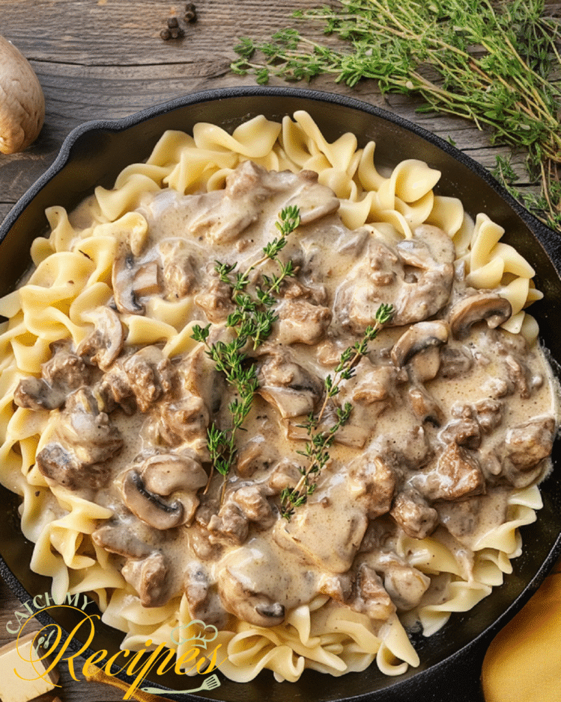 Creamy Dutch Oven Beef Stroganoff 3 Overhead view of beef stroganoff with egg noodles in a cast iron skillet, topped with sprigs of thyme.