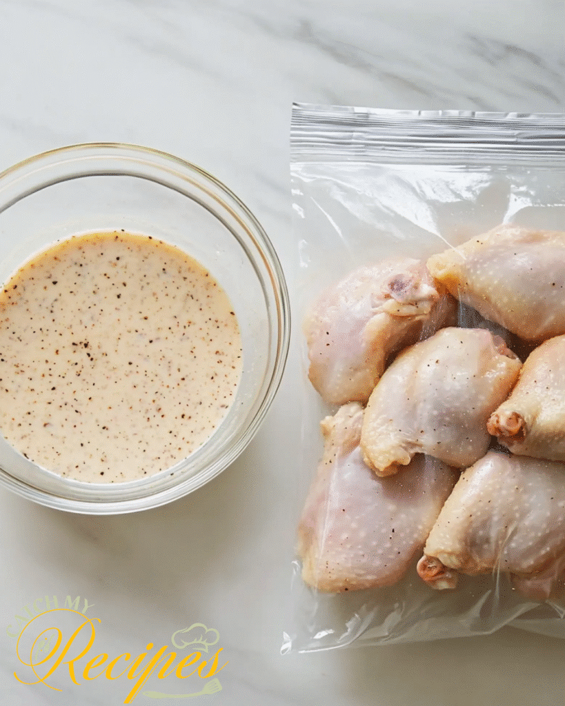Buttermilk Chicken Thighs Recipe: Crispy Fried Option 3 Raw chicken thighs in a plastic bag next to a glass bowl of seasoned buttermilk marinade.