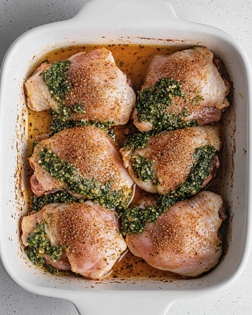 Stuffed Chicken Thighs Recipe with Incredible Flavor 5 Raw chicken thighs in a white baking dish, stuffed with spinach.