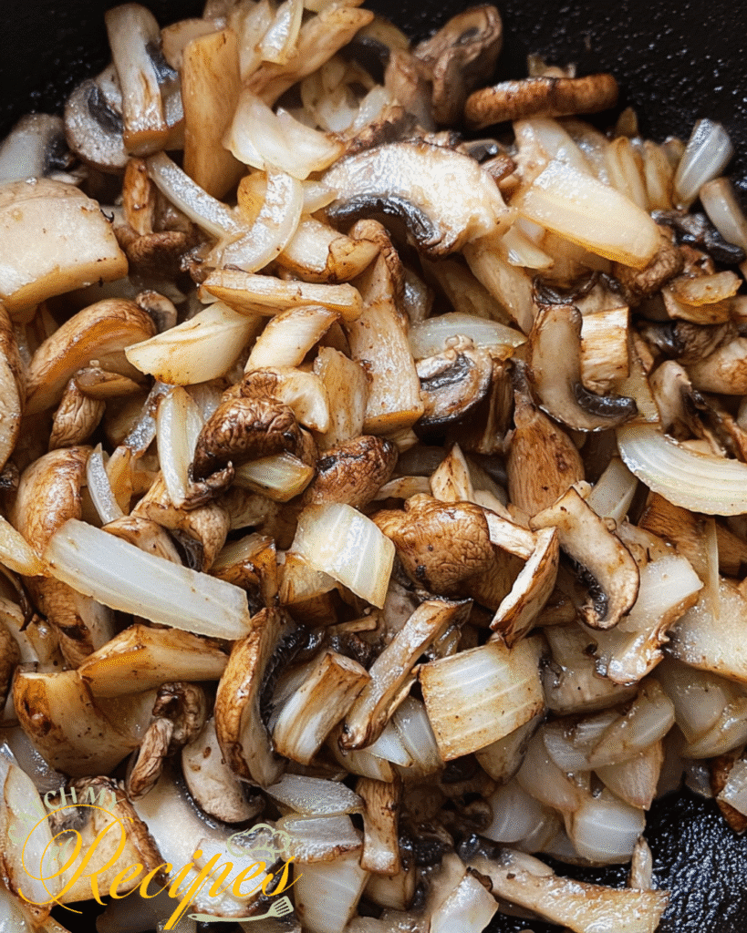 Creamy Dutch Oven Beef Stroganoff 6 Sautéed mushrooms and onions in a pan, lightly browned and caramelized.