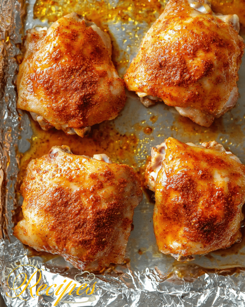 Low Sodium Chicken Thigh Recipe: Healthy & Flavorful 4 Seasoned chicken thighs roasting on a foil-lined baking tray with visible oil and spices.