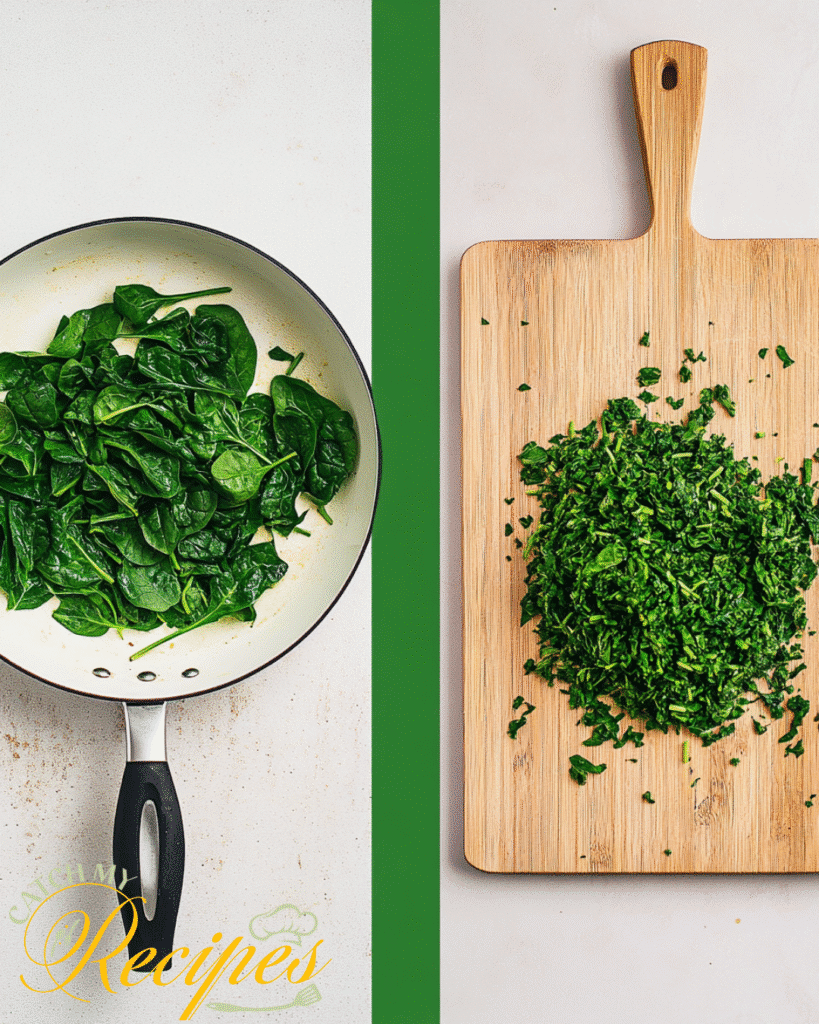 Stuffed Chicken Thighs Recipe with Incredible Flavor 4 Side-by-side image showing fresh spinach leaves in a pan and finely chopped spinach on a wooden cutting board.