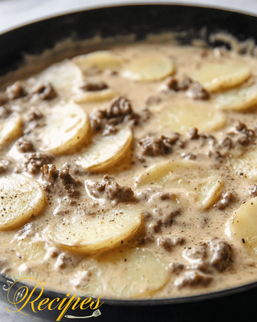 Beef Stroganoff With Potatoes Recipe | 30-Minute Dinner 8 Sliced potatoes and ground beef in creamy sauce cooking in a skillet