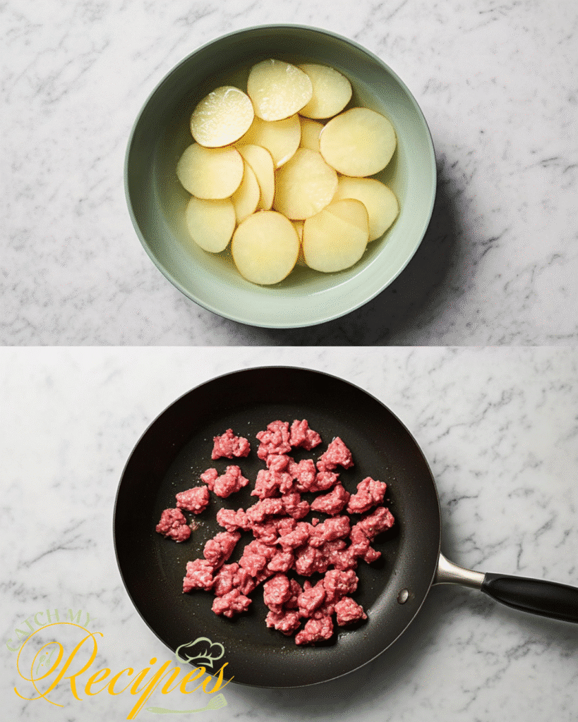 Beef Stroganoff With Potatoes Recipe | 30-Minute Dinner 4 Sliced raw potatoes in a bowl and uncooked ground beef in a frying pan on a marble surface