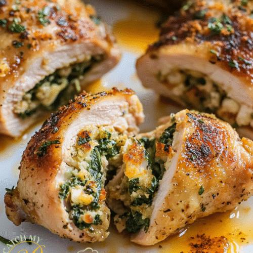Stuffed Chicken Thighs Recipe with Incredible Flavor 7 Sliced stuffed chicken thighs revealing a spinach and cheese mixture.