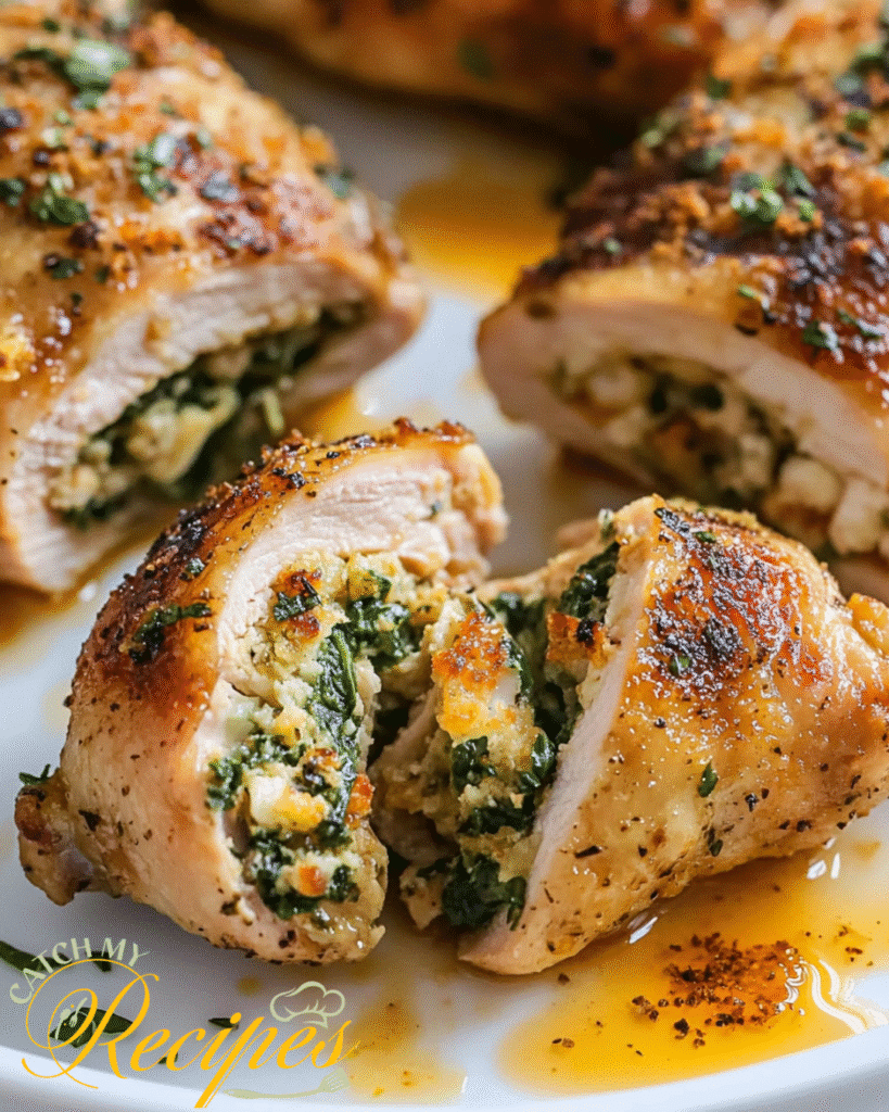 Stuffed Chicken Thighs Recipe with Incredible Flavor 6 Sliced stuffed chicken thighs revealing a spinach and cheese mixture.