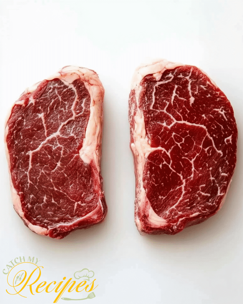 Beef Stroganoff Recipe Without Mushrooms 3 Two raw ribeye steaks with marbling on a white background.