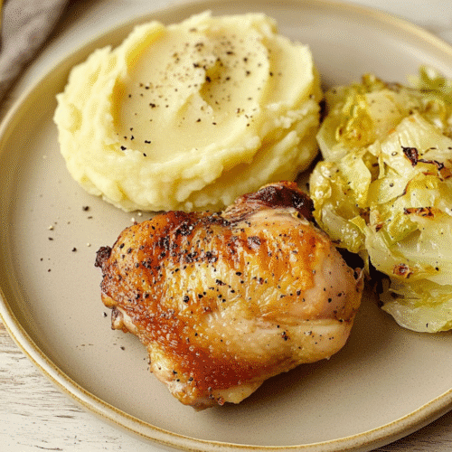 Budget-Friendly Chicken Thigh and Cabbage Recipe 5 chicken thigh and cabbage recipe with mashed potatoes garnished with black pepper
