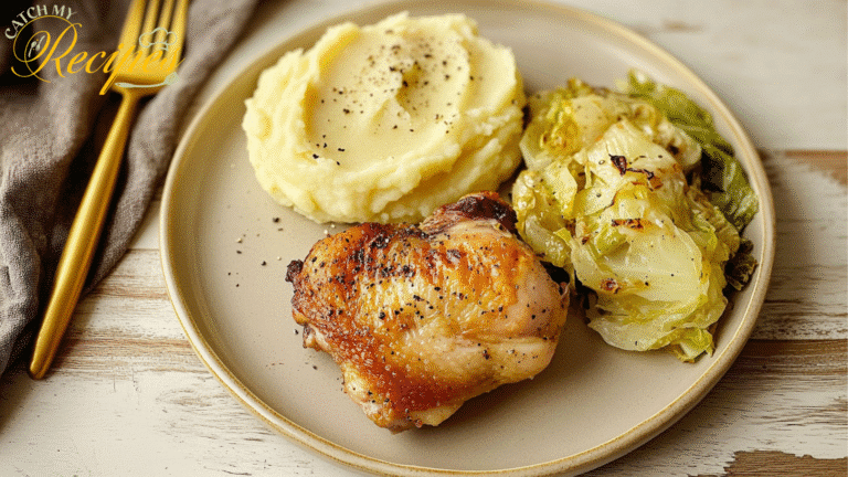 chicken thigh and cabbage recipe with mashed potatoes garnished with black pepper