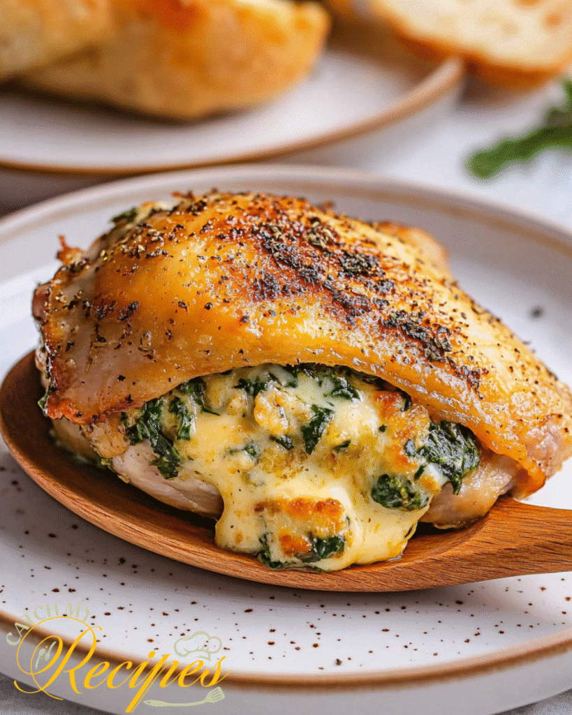 Stuffed Chicken Thighs Recipe with Incredible Flavor 2 Chicken thighs stuffed with a creamy spinach and cheese filling.