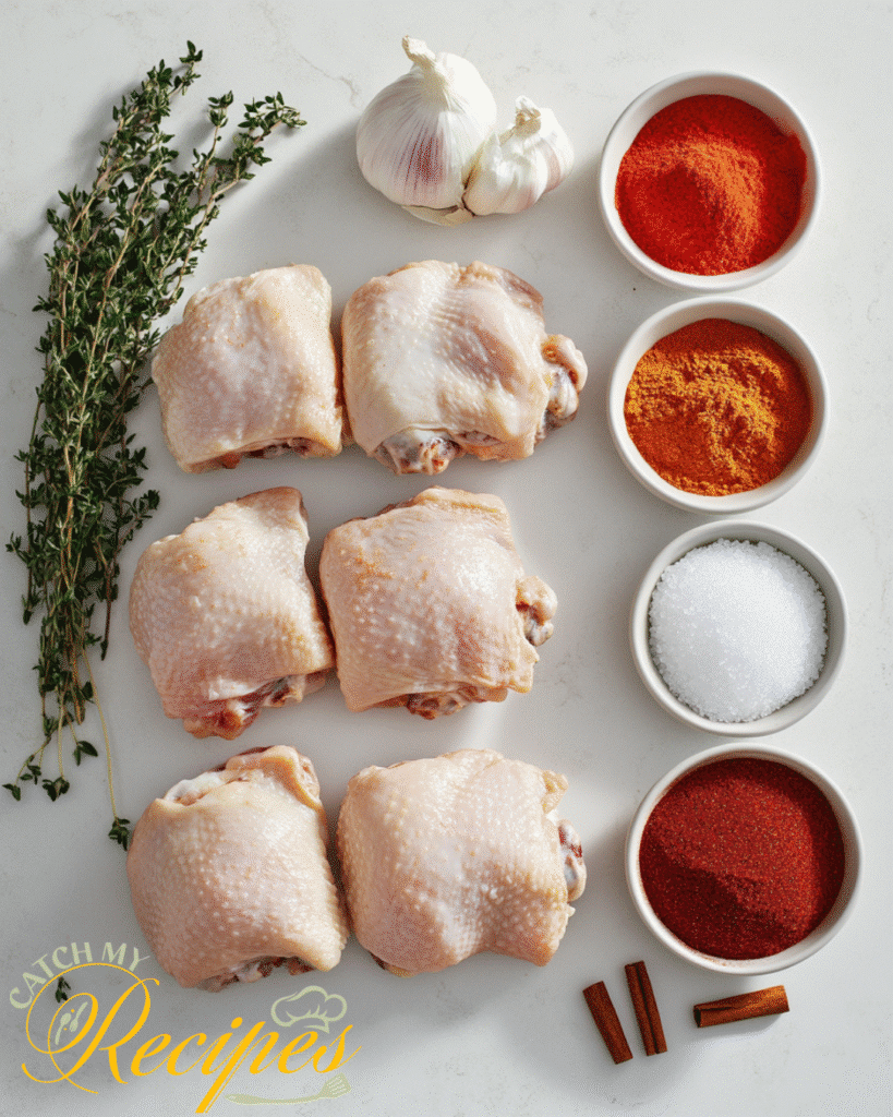 Low Sodium Chicken Thigh Recipe: Healthy & Flavorful 3 Raw chicken thighs with fresh thyme, garlic, and assorted spices including paprika, turmeric, salt, and chili powder on a white surface.