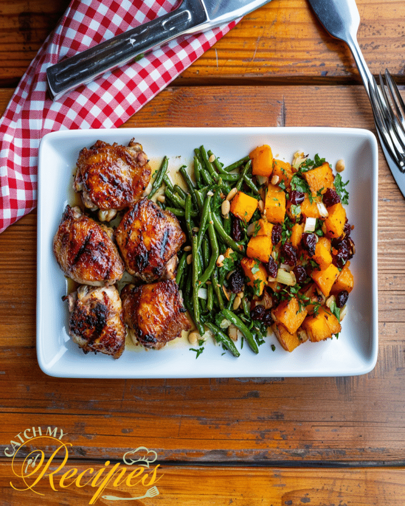 Low Sodium Chicken Thigh Recipe: Healthy & Flavorful 2 Plated meal with baked chicken thighs, sautéed green beans with pine nuts, and roasted butternut squash with dried cranberries and herbs.