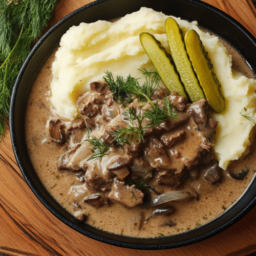 Beef Stroganoff Recipe with Pickles - Ready in 30 Minutes 5 Beef stroganoff served with mashed potatoes, sliced pickles, and fresh dill in a black bowl