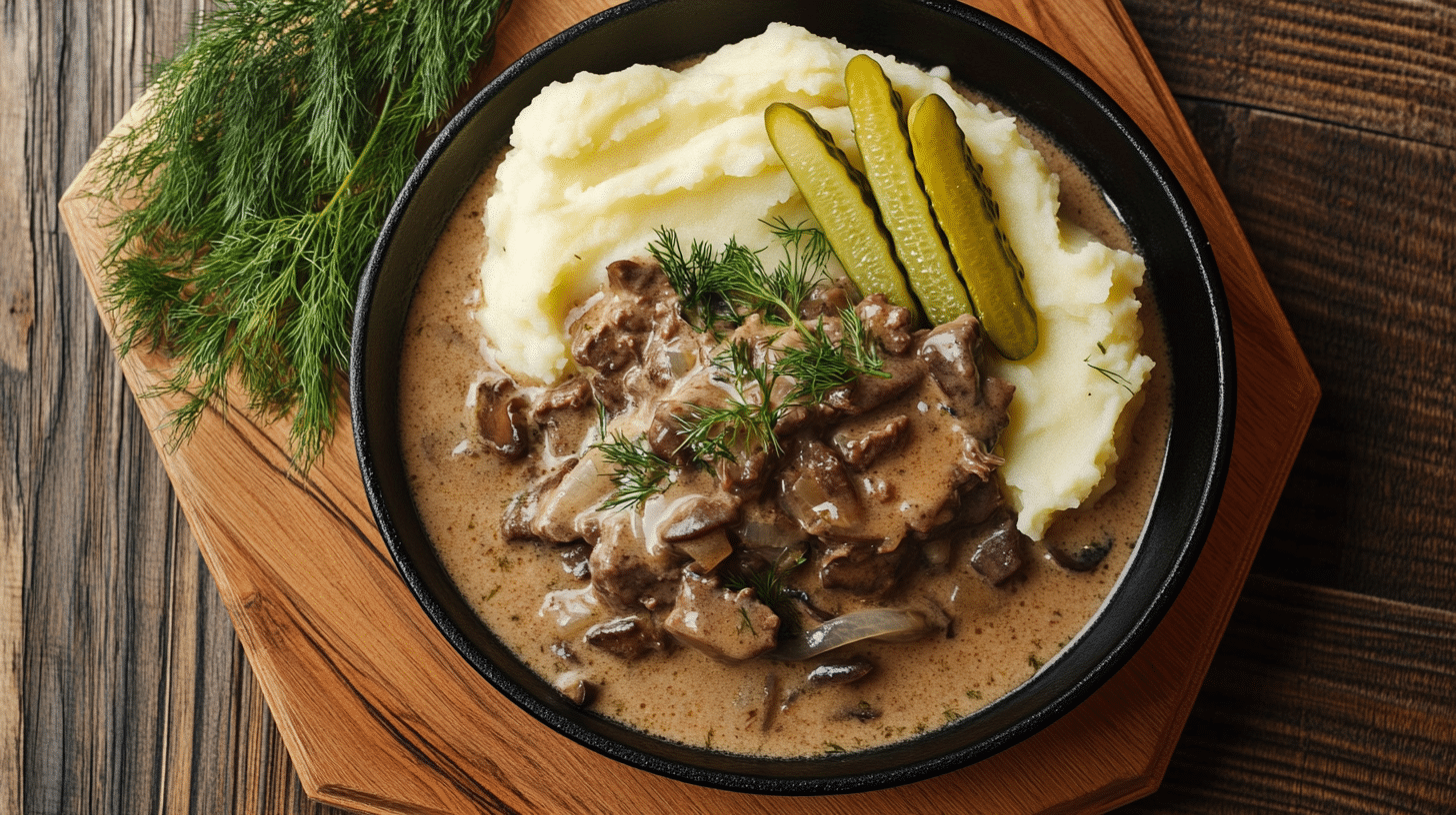 Beef stroganoff served with mashed potatoes, sliced pickles, and fresh dill in a black bowl