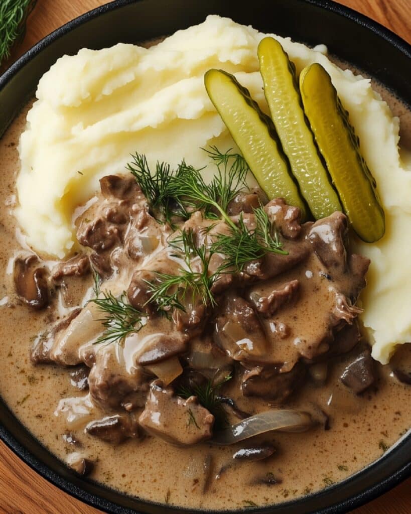Beef Stroganoff Recipe with Pickles - Ready in 30 Minutes 2 Close-up of creamy beef stroganoff with mashed potatoes, dill, and sliced pickles