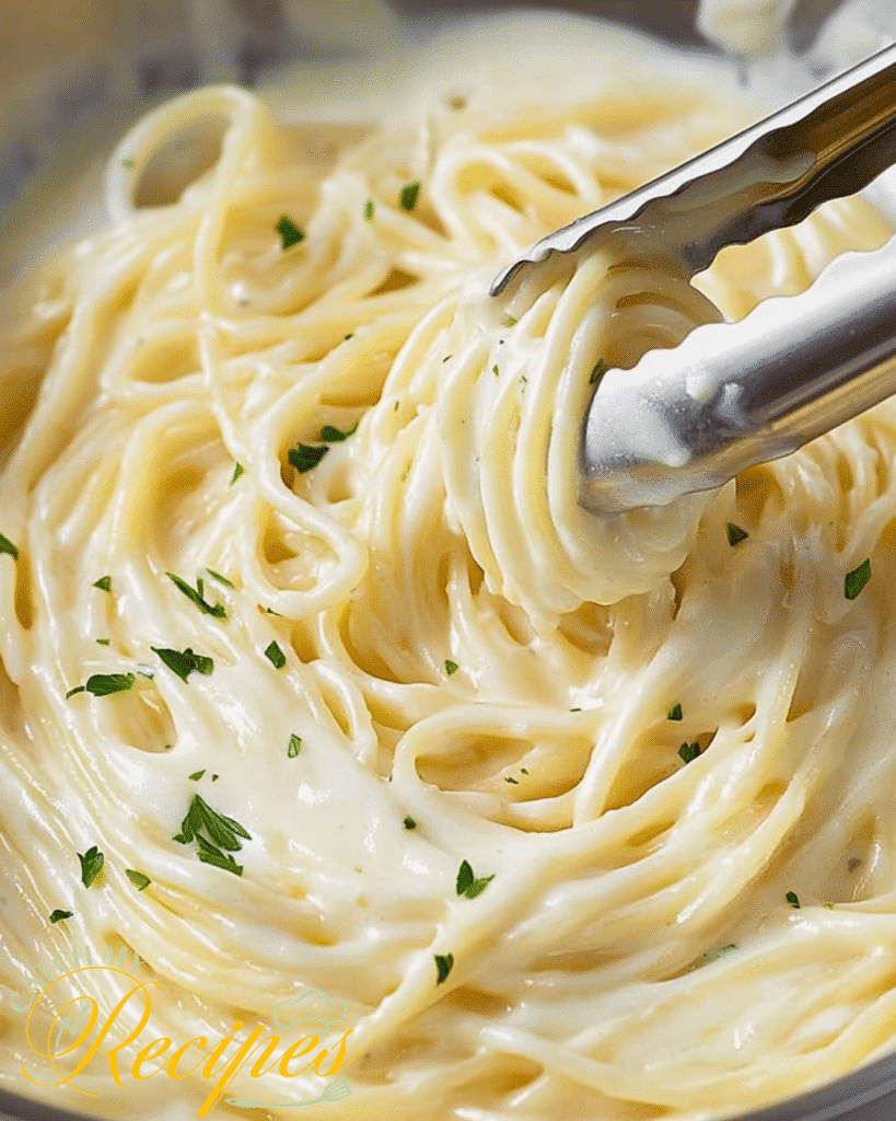 Garlic Butter Chicken Bites With Creamy Parmesan Pasta 4 Spaghetti being twirled with metal tongs in a creamy white sauce with parsley