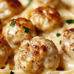 Creamy pasta dish with chicken bites and fresh parsley on a bed of spaghetti.