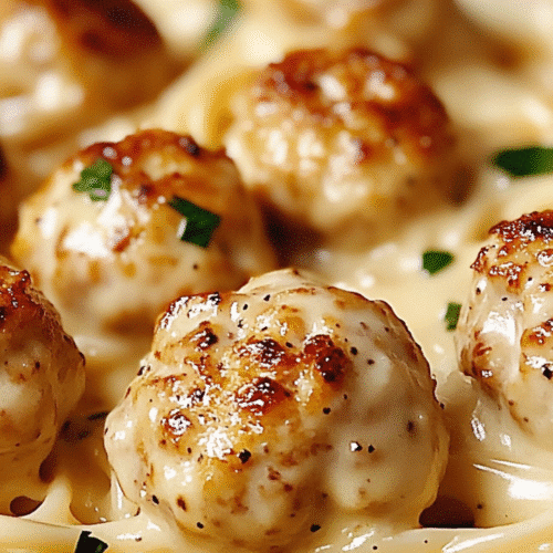Garlic Butter Chicken Bites With Creamy Parmesan Pasta 6 Creamy pasta dish with chicken bites and fresh parsley on a bed of spaghetti.